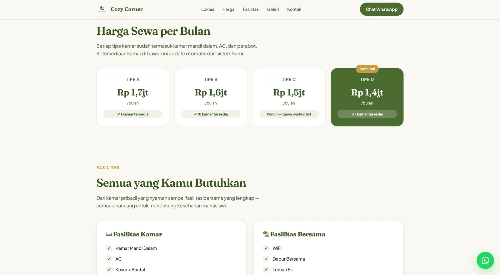 Halaman fasilitas Cozy Corner