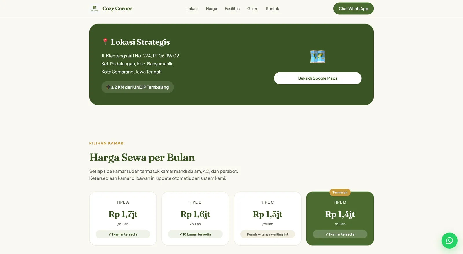 Halaman harga & lokasi Cozy Corner