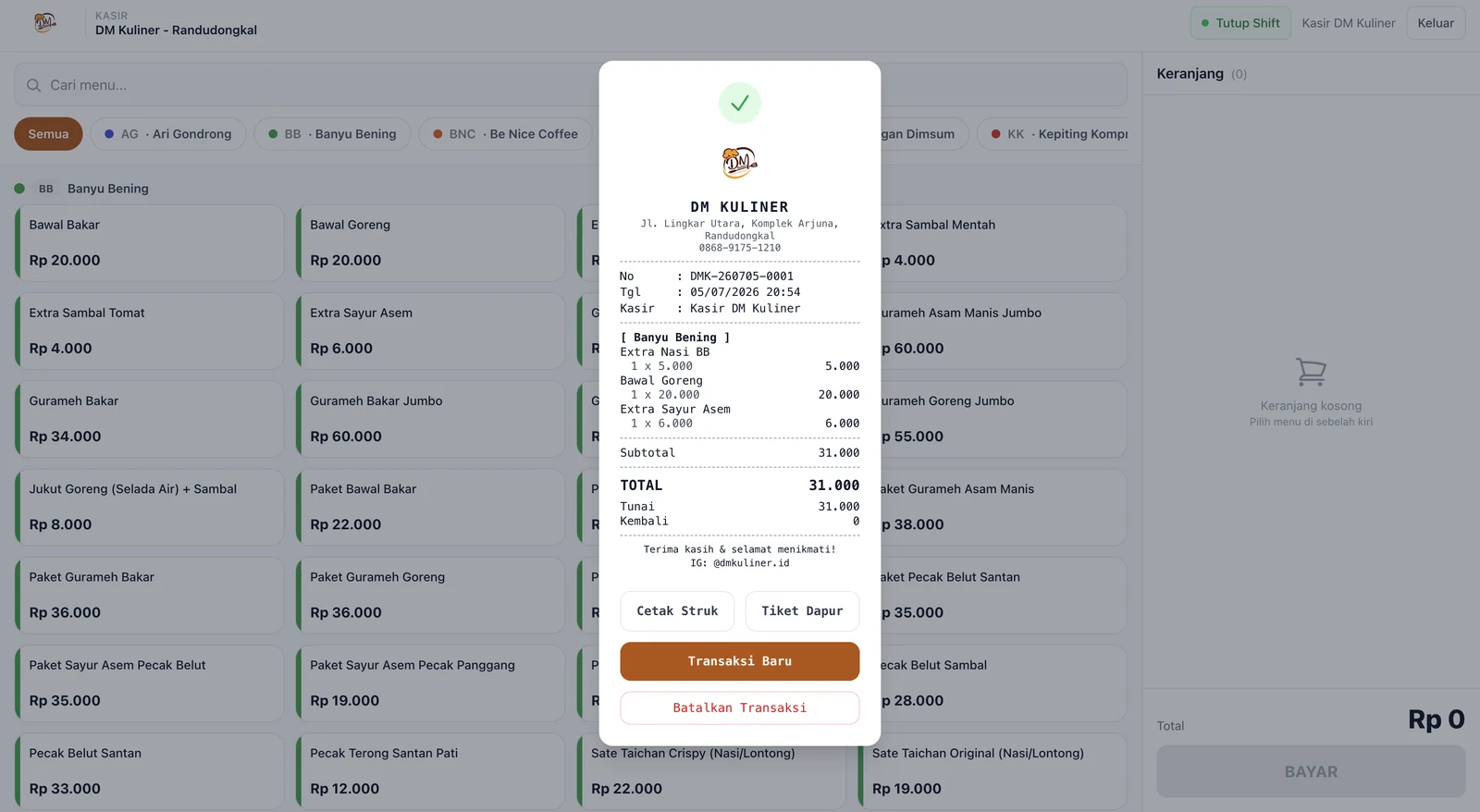 Struk & tiket dapur DM Kuliner setelah pembayaran