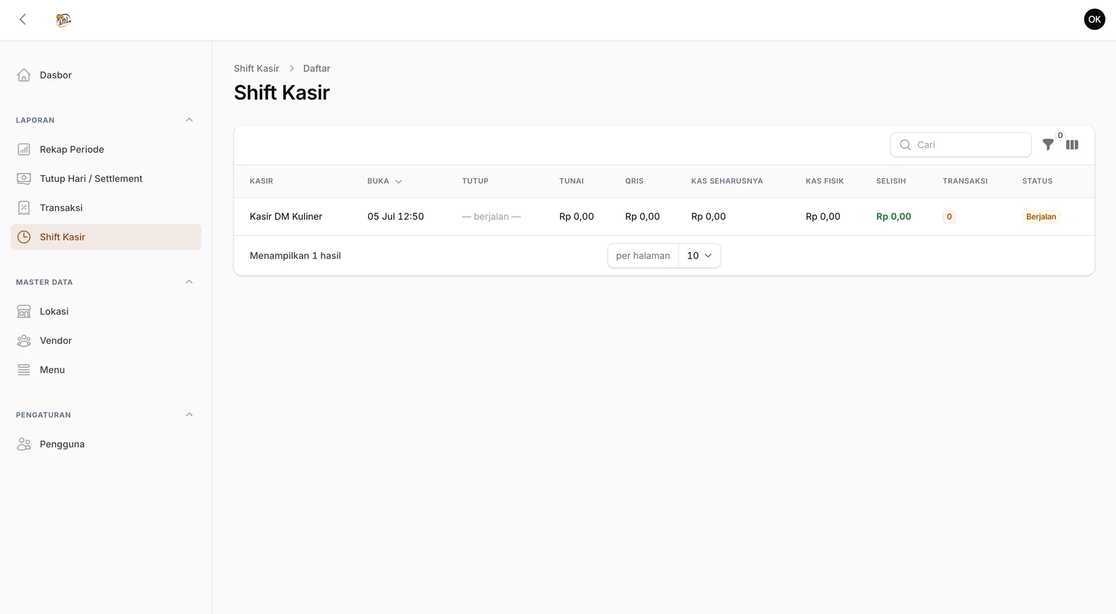 Shift kasir DM Kuliner — rekonsiliasi kas fisik vs seharusnya