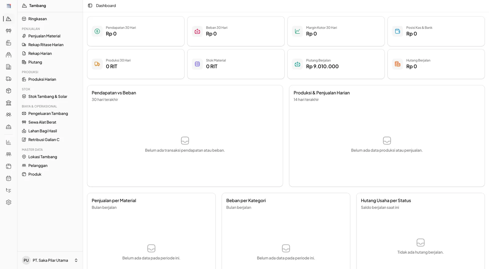 Dashboard ERP Operasional Tambang — pendapatan, beban, margin, kas, piutang, hutang