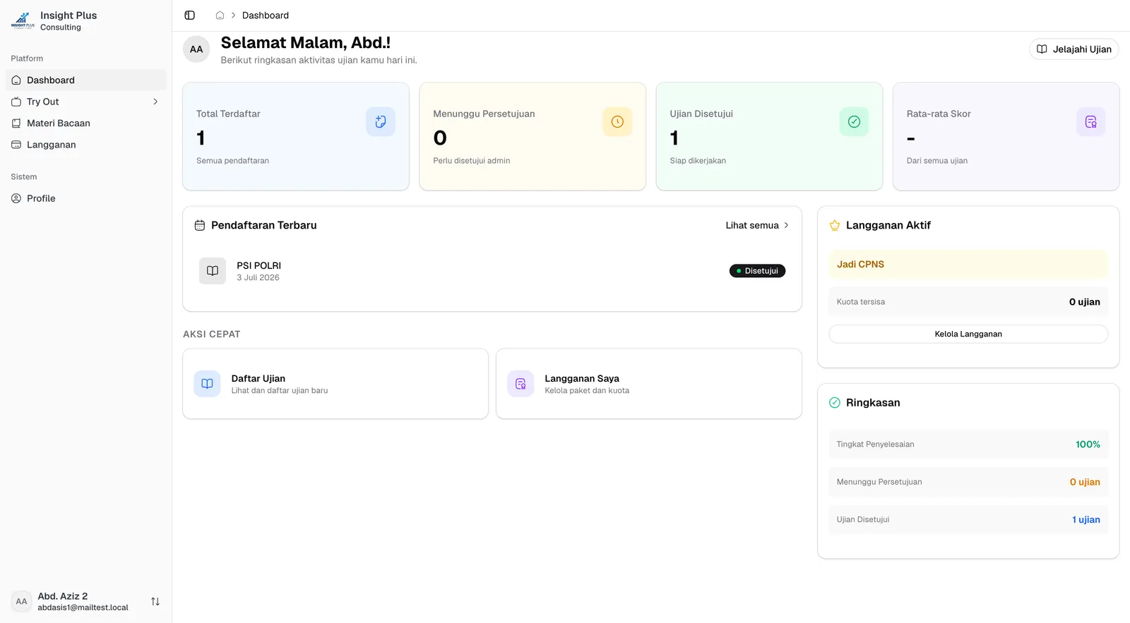 Dashboard peserta Insight Plus — ujian terdaftar, langganan, dan ringkasan